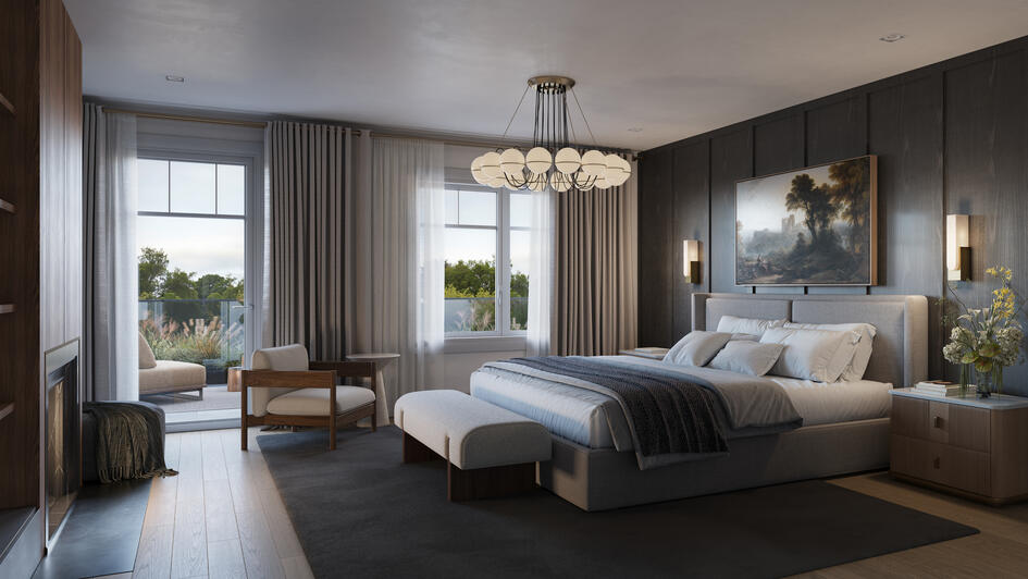 Modern bedroom at Riverview South Oakville by Caivan