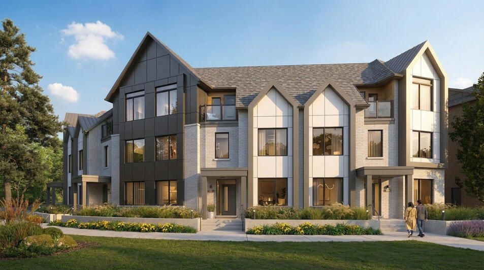 Modern townhouse and a couple at Riverview South Oakville by Caivan