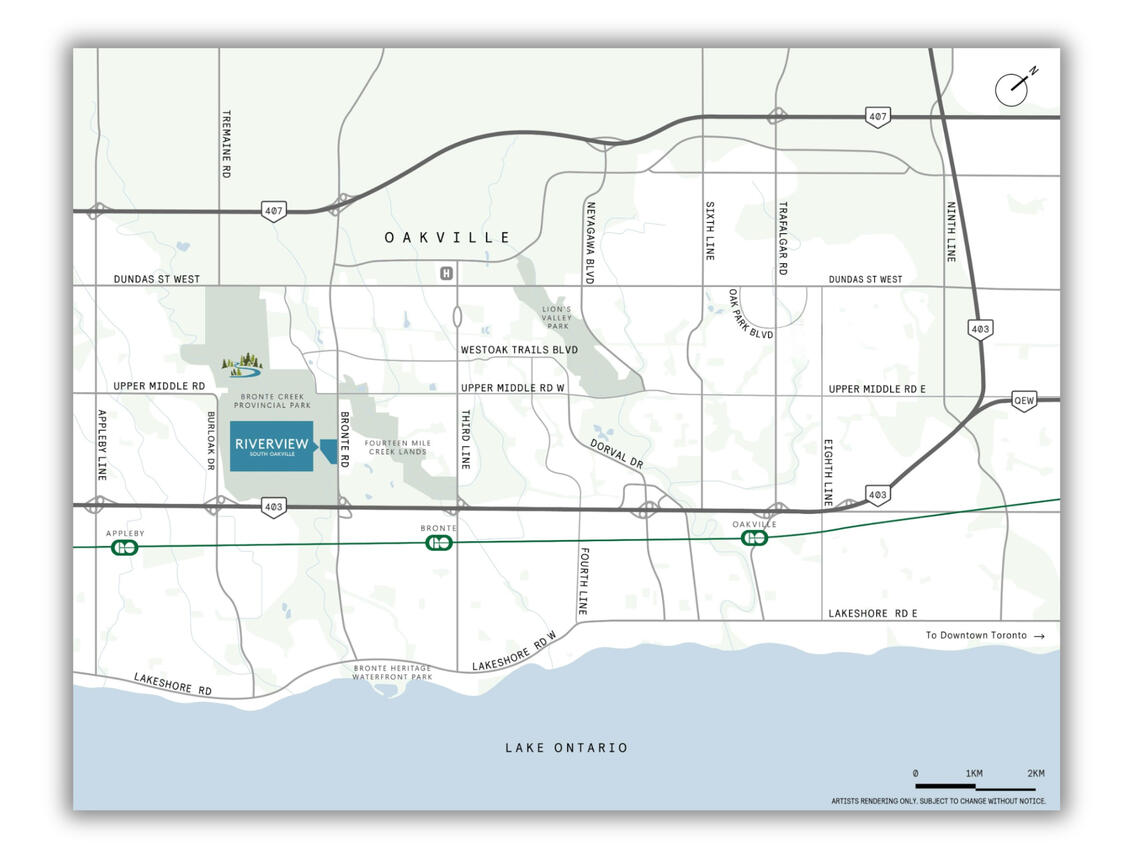 Map showing Riverview South Oakville near Bronte Road, Upper Middle Road West, Bronte GO Station, and major highways